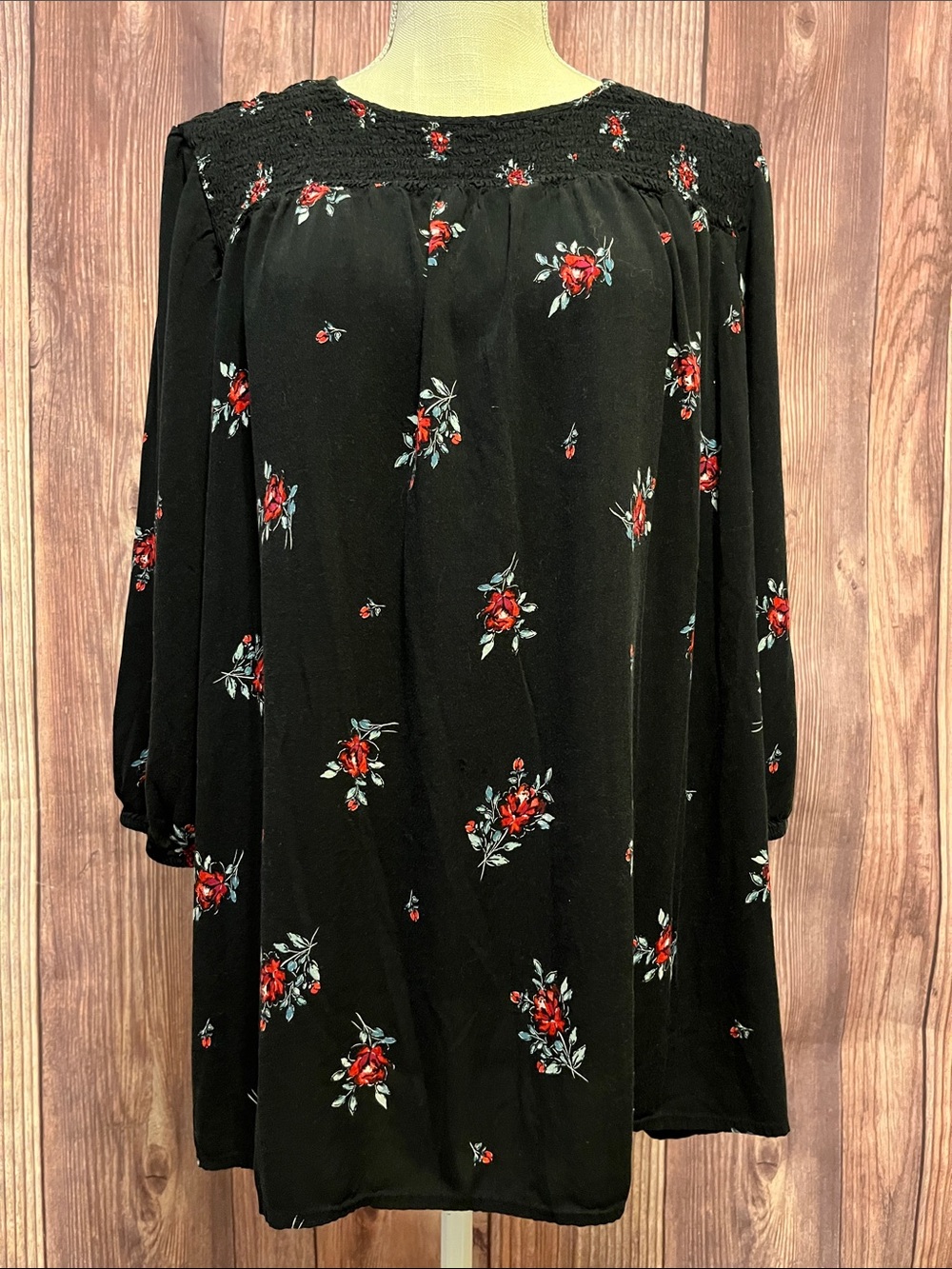 J. Jill Black Three Quarter-Sleeve Floral Smocked Yoke Top - Picture 2 of 7
